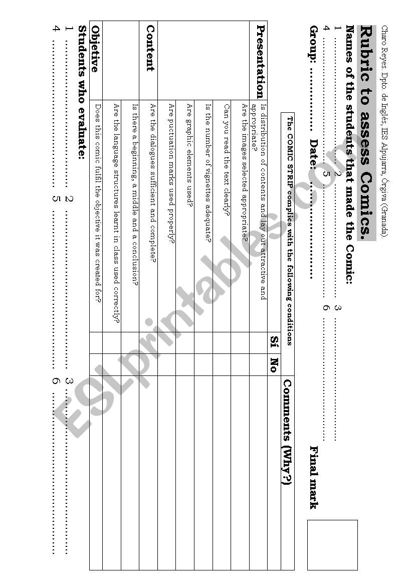 Rubric to ssess comics worksheet