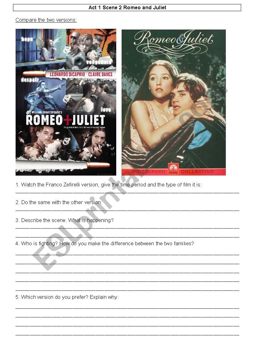 Romeo and Juliet worksheet