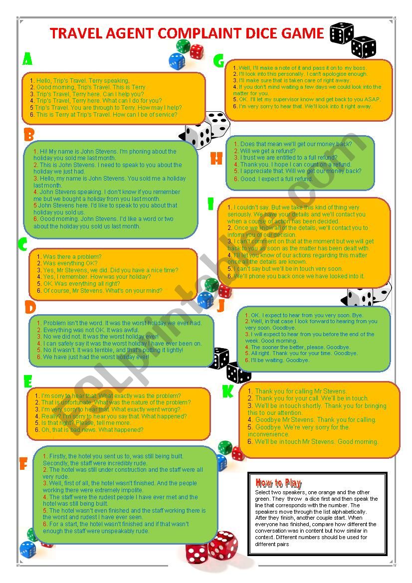 Travel Agent Complaint Dice Game