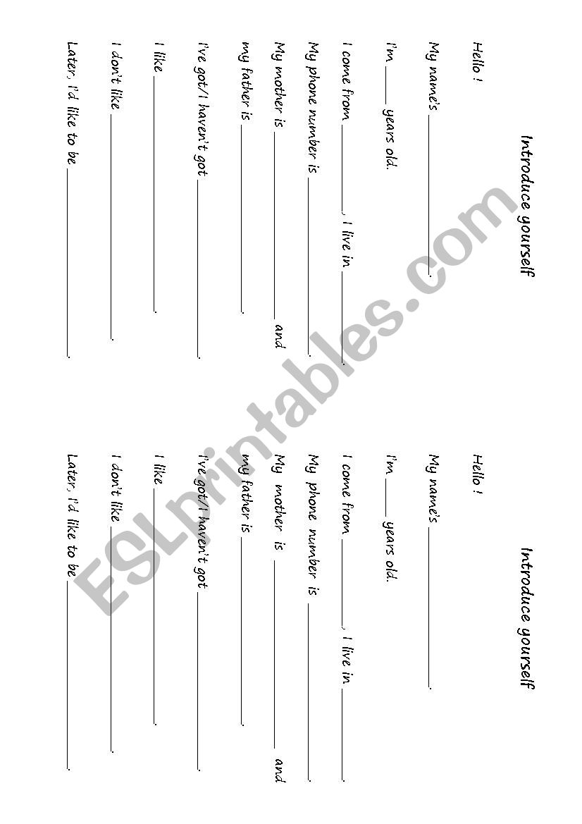 Introduce yourself sheet worksheet