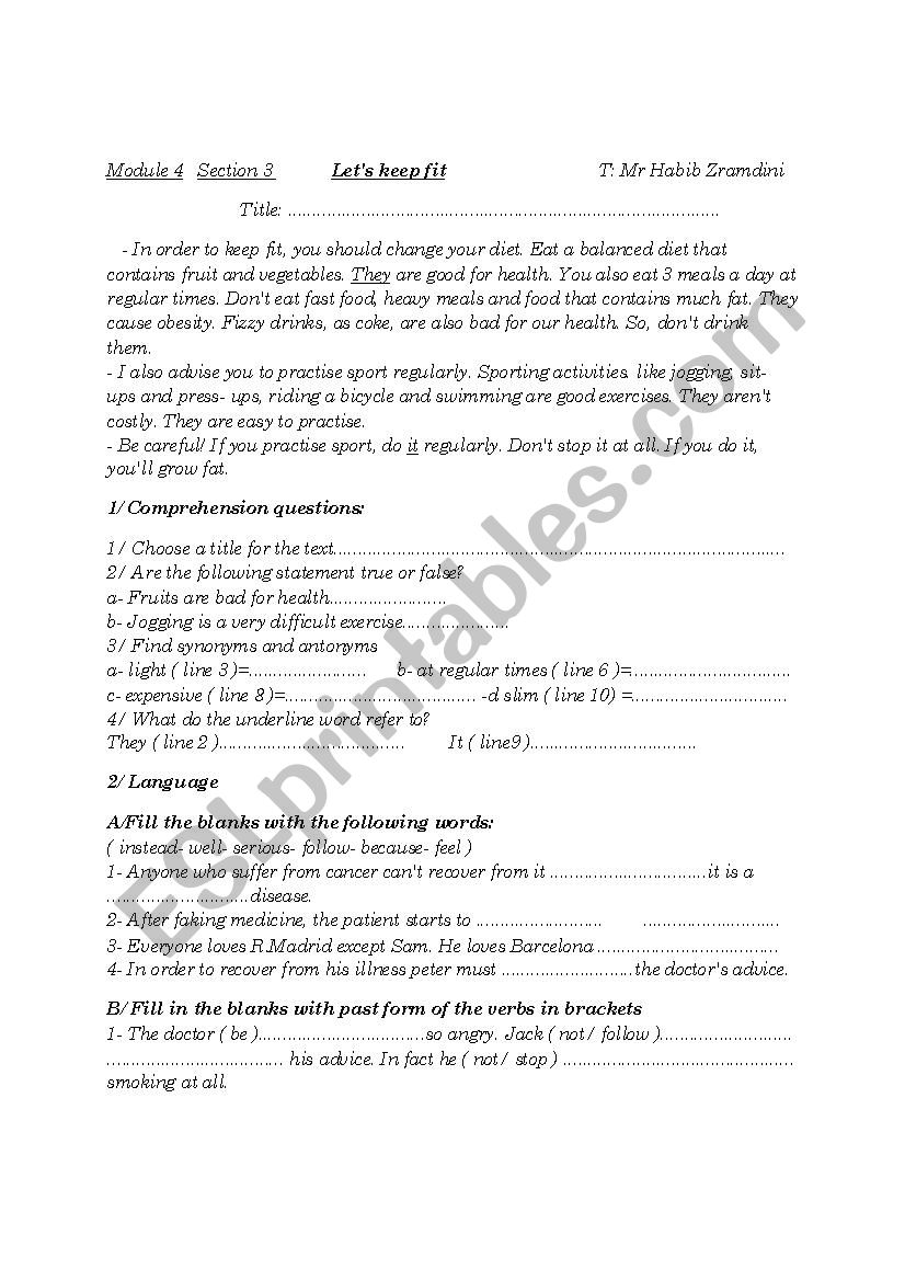 LetÂ´s keep fit worksheet