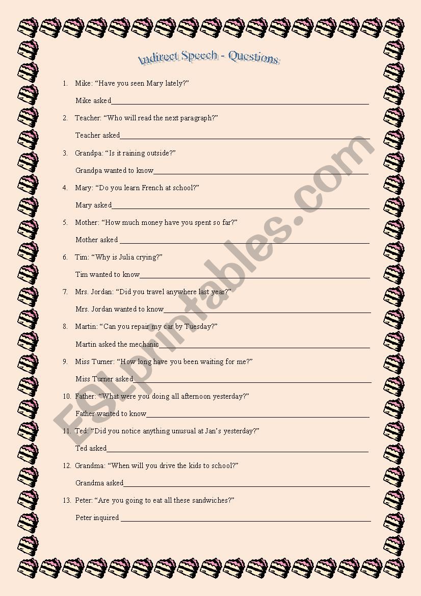 Indirect Speech: Questions worksheet