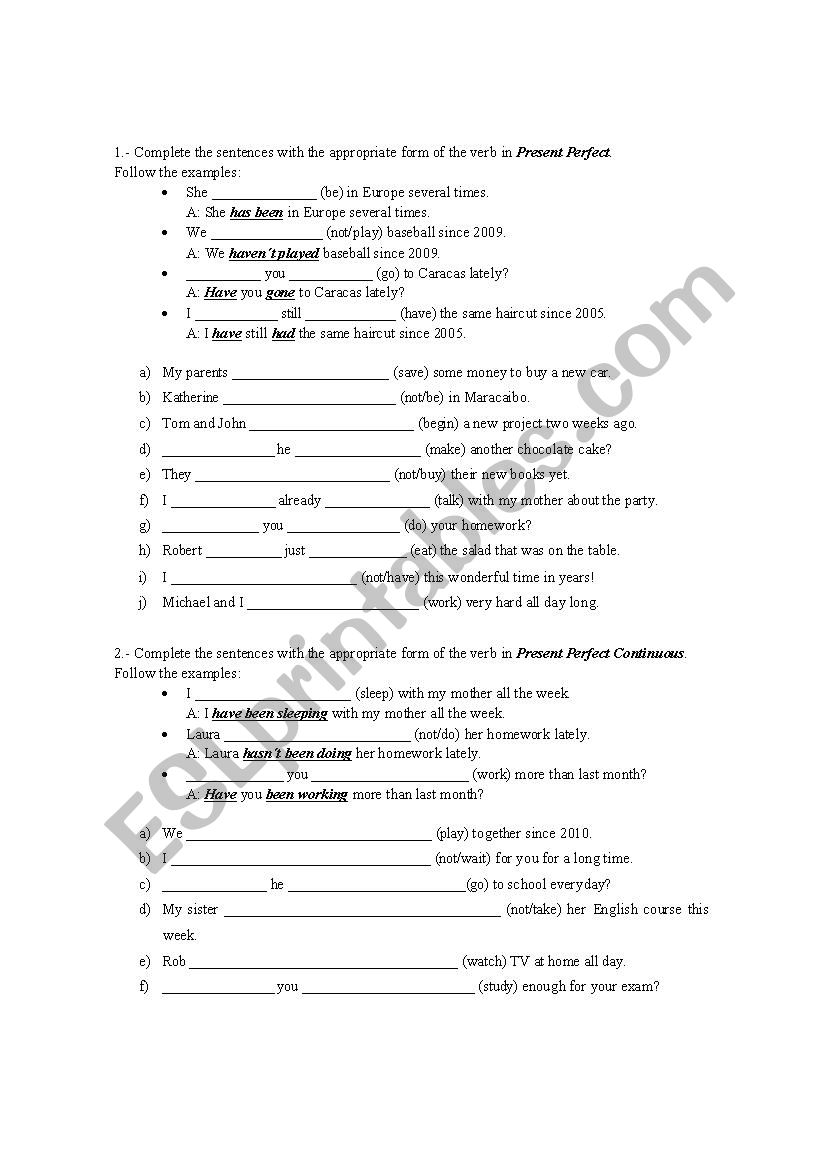 Perfect Tenses worksheet