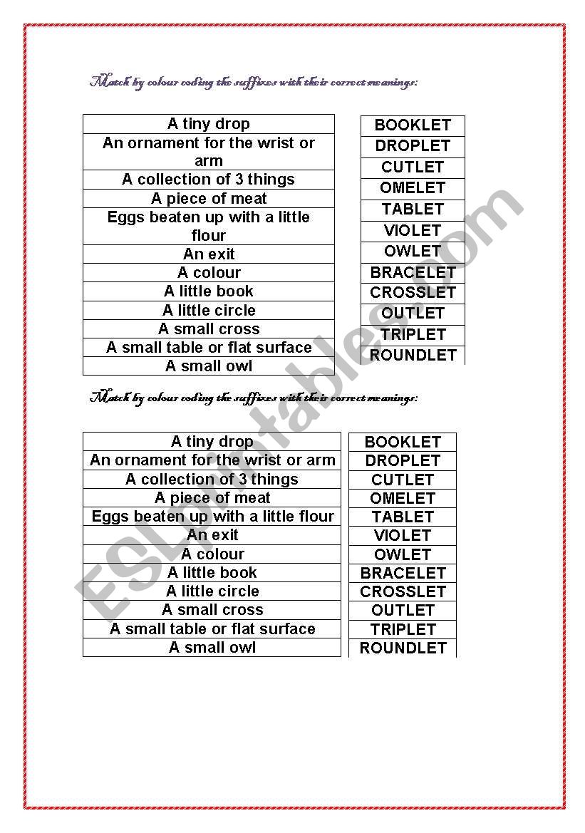 Suffixes Matching Worksheet worksheet
