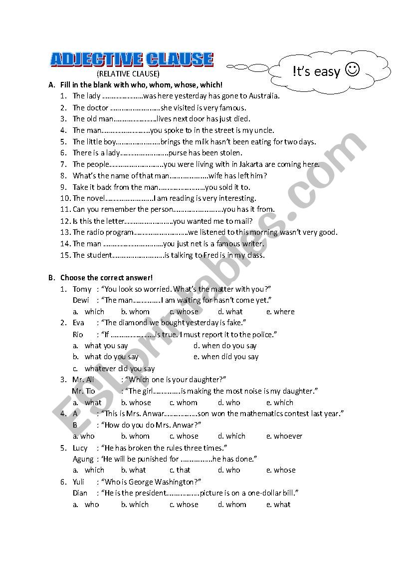 Adjective Clauses Worksheets