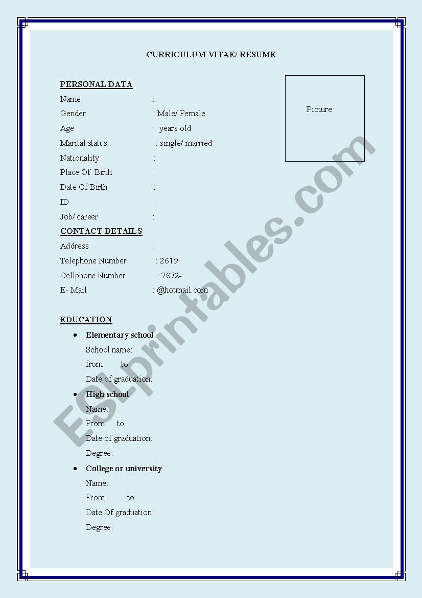 Curriculum vitae/ Resume worksheet