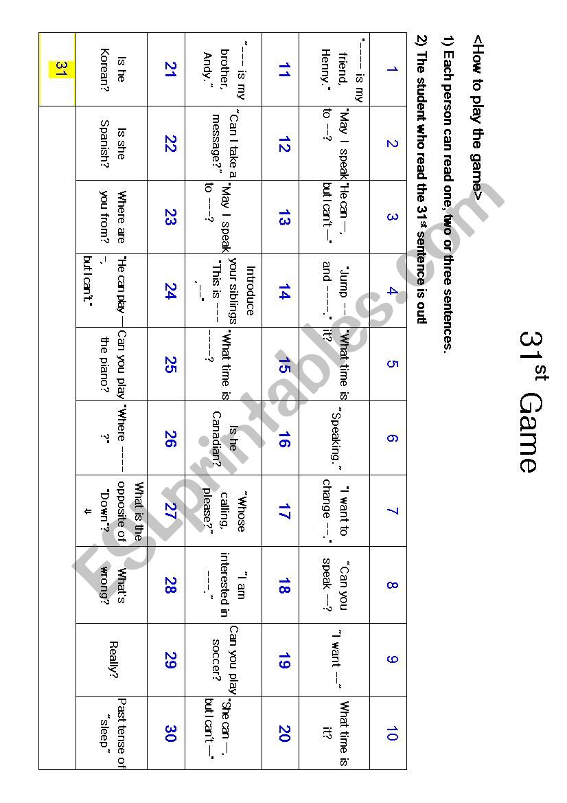 31 Game worksheet