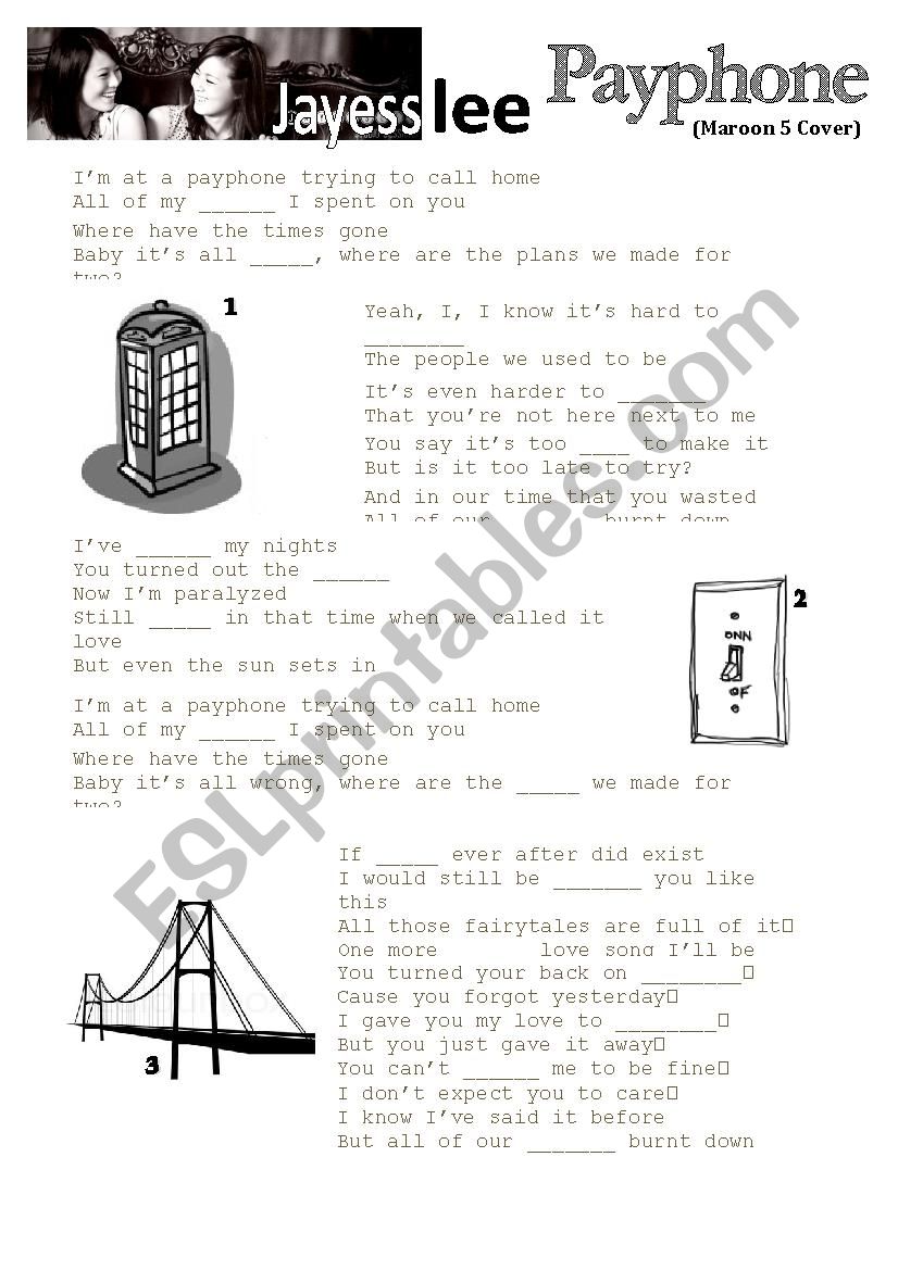 Jayesslee - Payphone (Maroon 5 Cover) Listening activity & questions w/ Answer Sheet