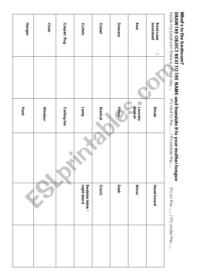 Bedroom Vocabulary Table to translate in their mother tongue
