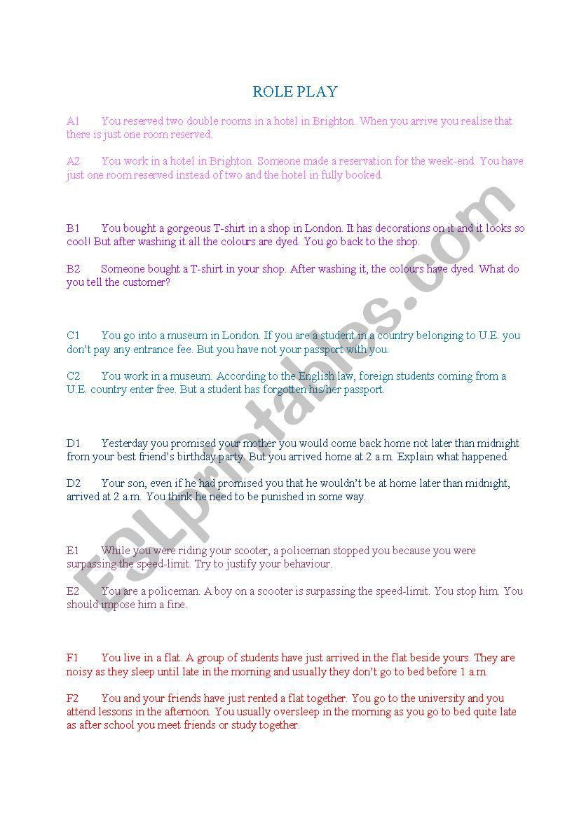 Role Play Activity worksheet