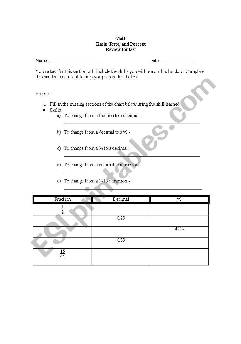 review percent skills worksheet