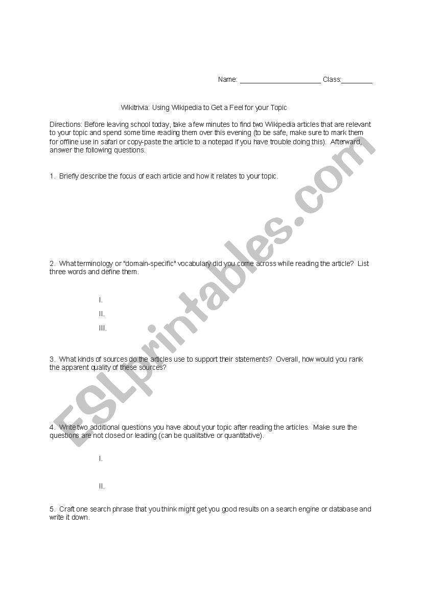 Wikitrivia worksheet