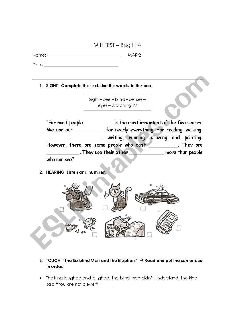 Five senses mini test worksheet