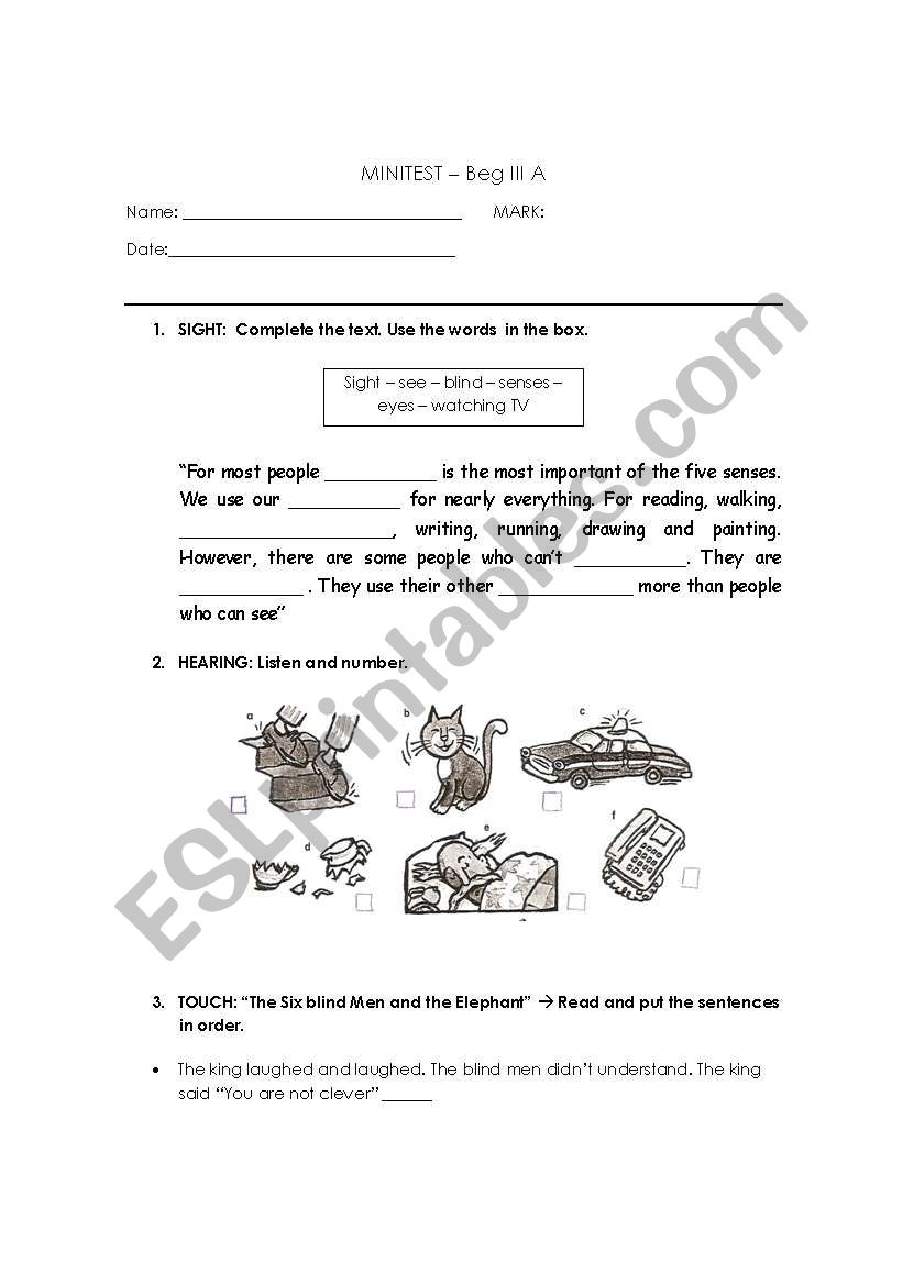 Five senses mini test worksheet