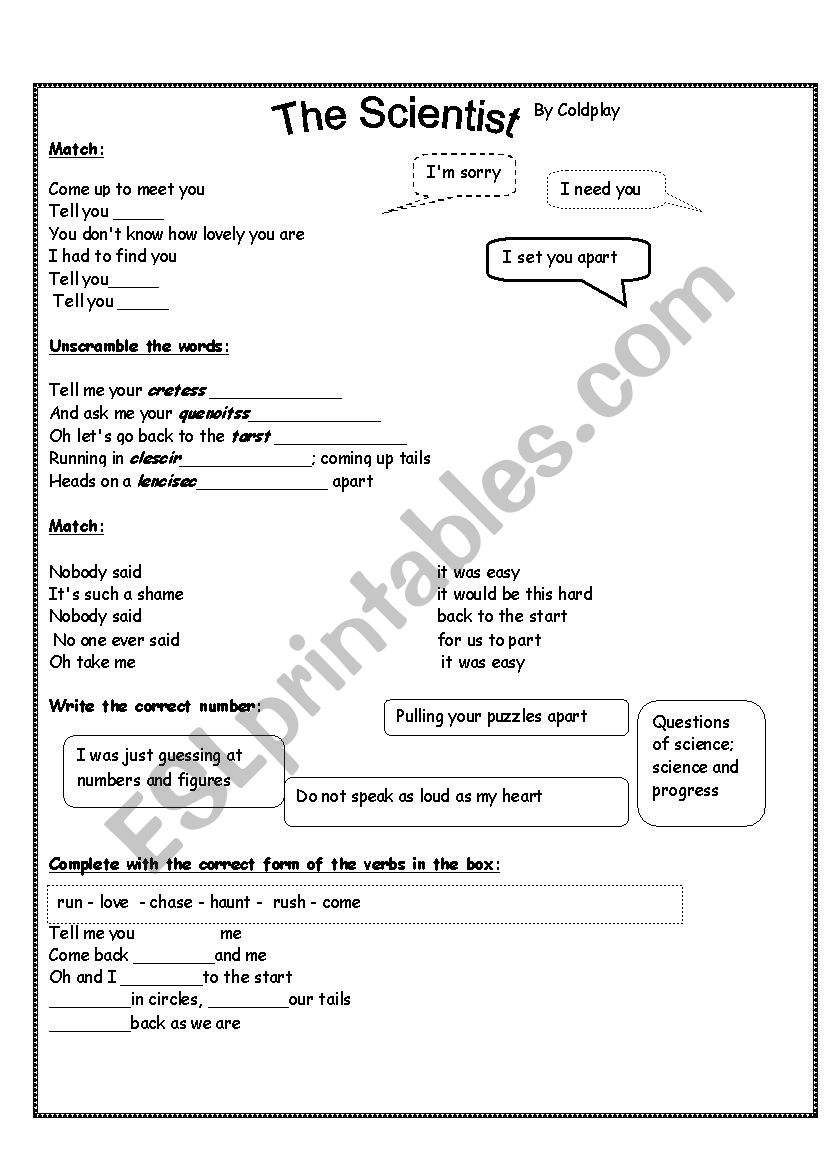 Song - The Scientist worksheet