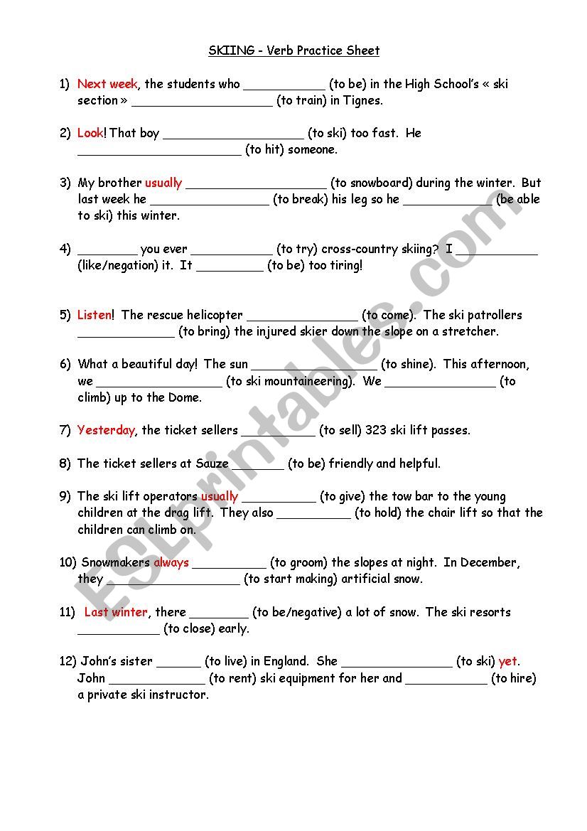 Skiing - grammar - verb practice sheet-1