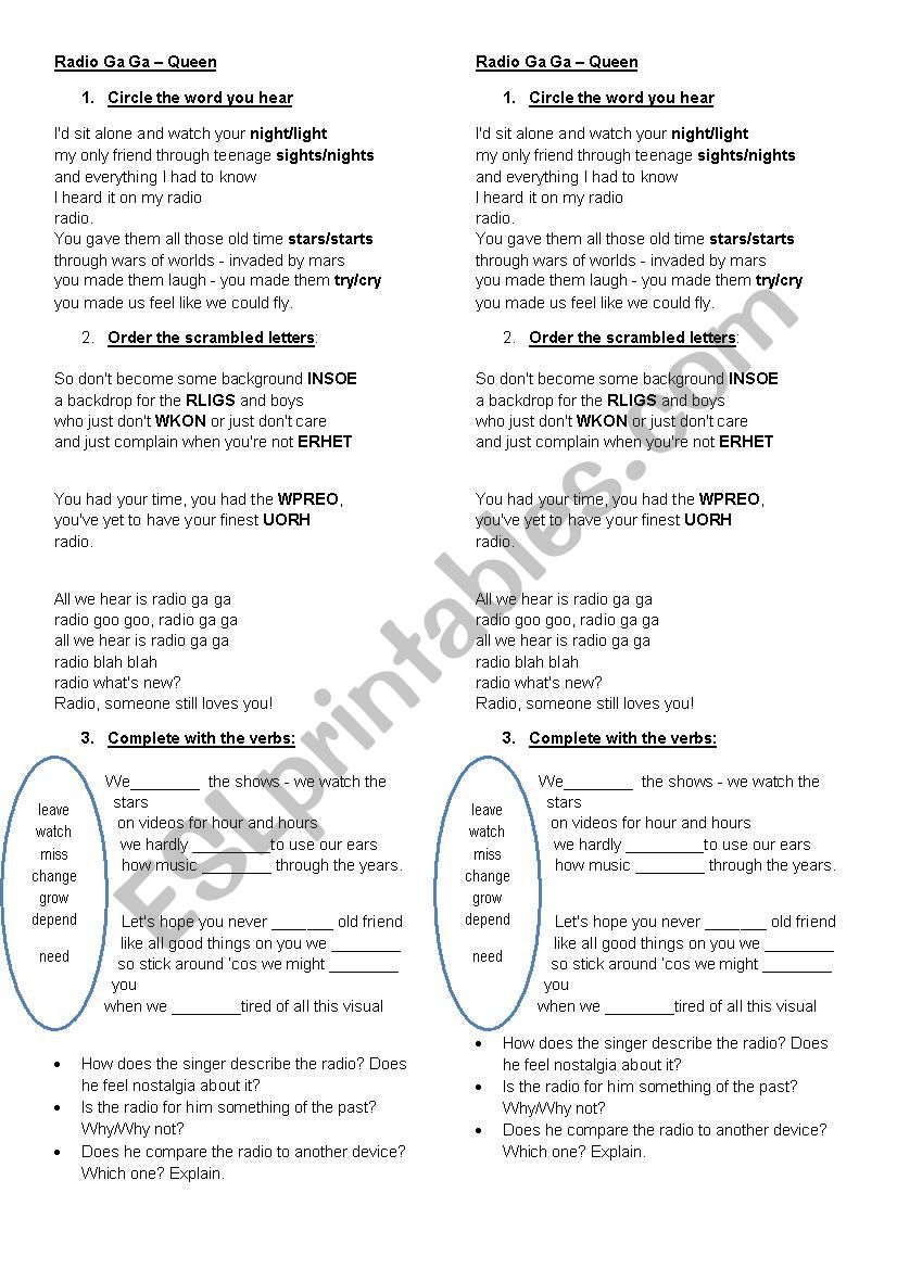 Radio Ga Ga by Queen worksheet