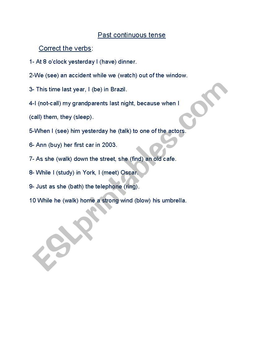 Past continuous tense worksheet