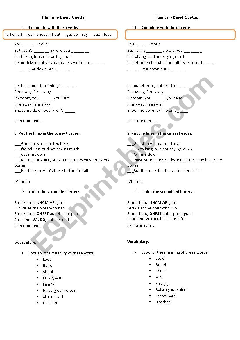 TITANIUM by DAVID GUETTA worksheet