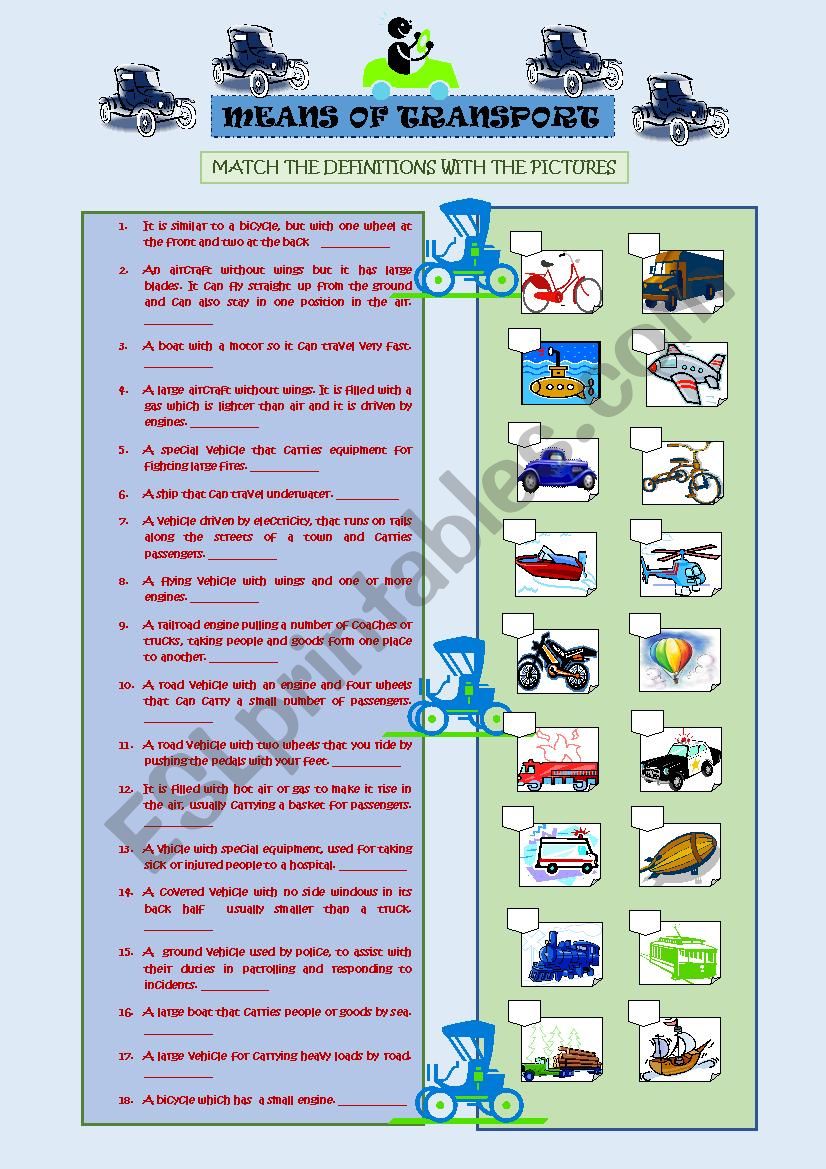 Means of Transport worksheet