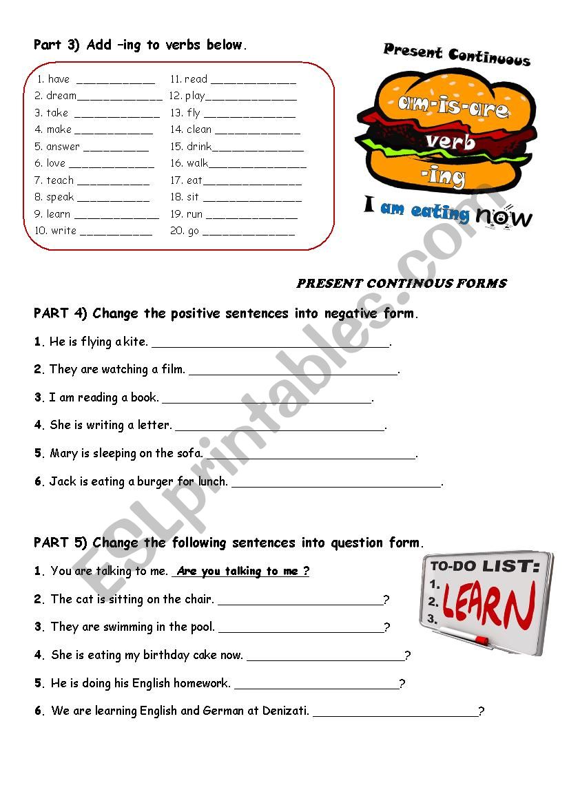 present continuous exercises, present continuous forms,verbs