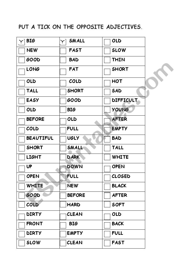 OPPOSITE ADJECTIVES worksheet