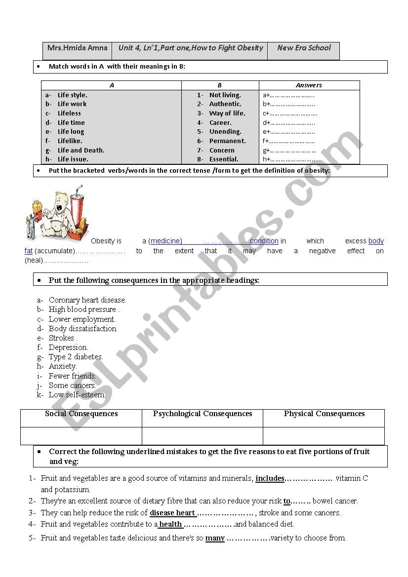 How to Fight Obesity worksheet