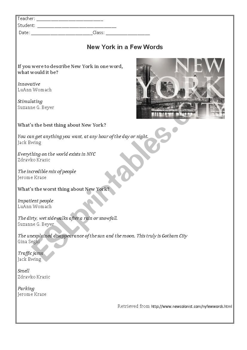 Text: New York in a few words worksheet