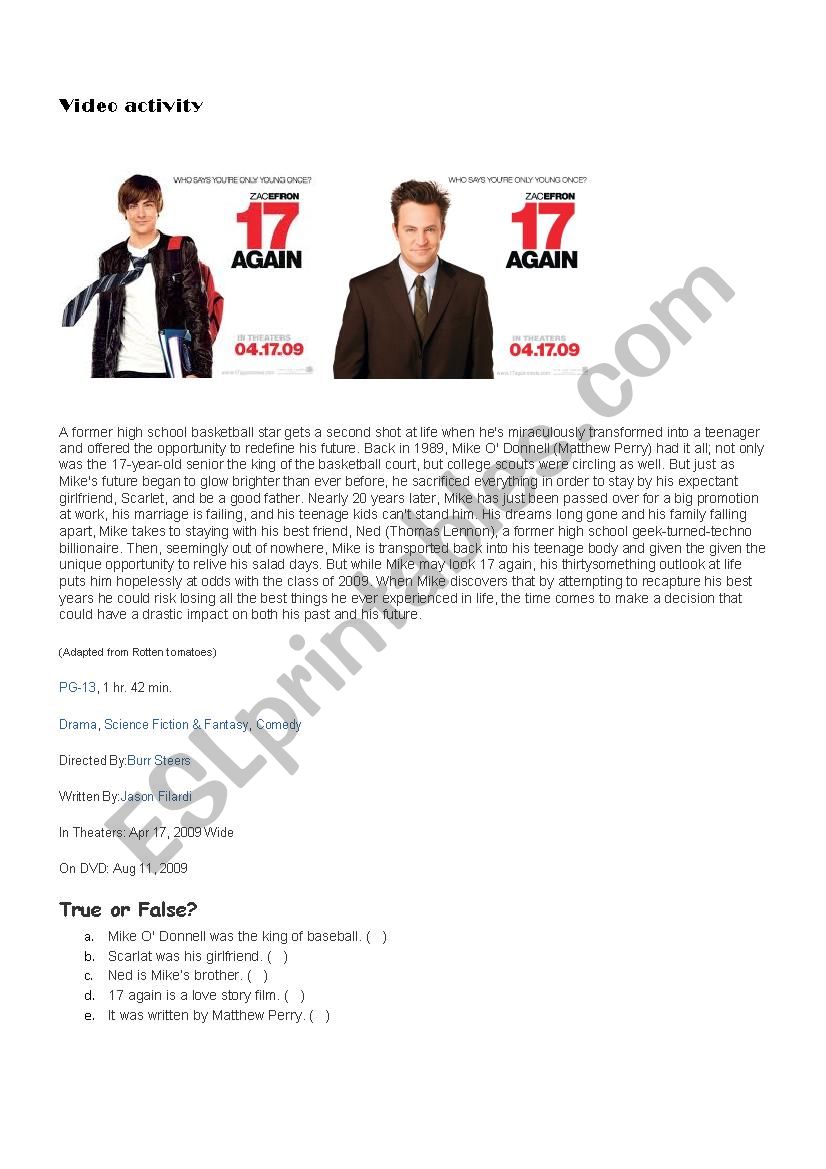 17 again  worksheet