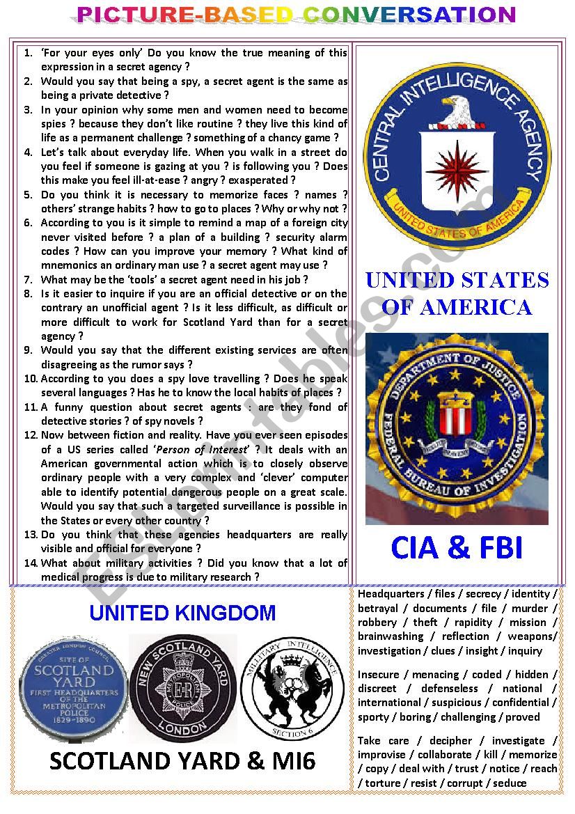 Picture-based conversation : topic 70 - Scotland Yard & MI (5 or 6) vs CIA & FBI