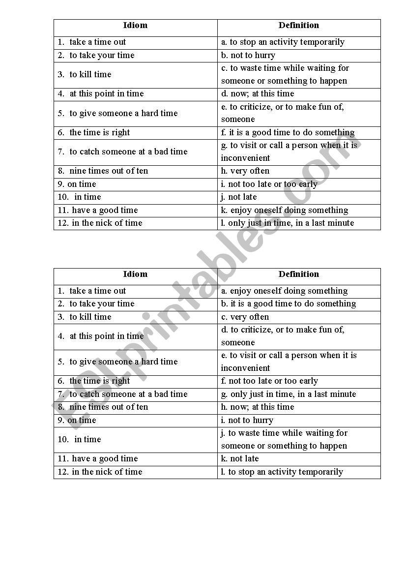 Time Idioms worksheet