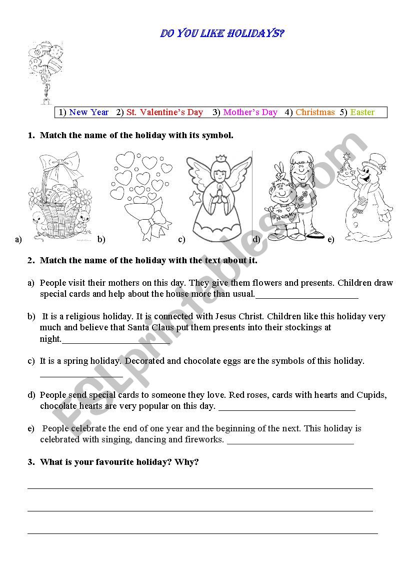 Holidays worksheet