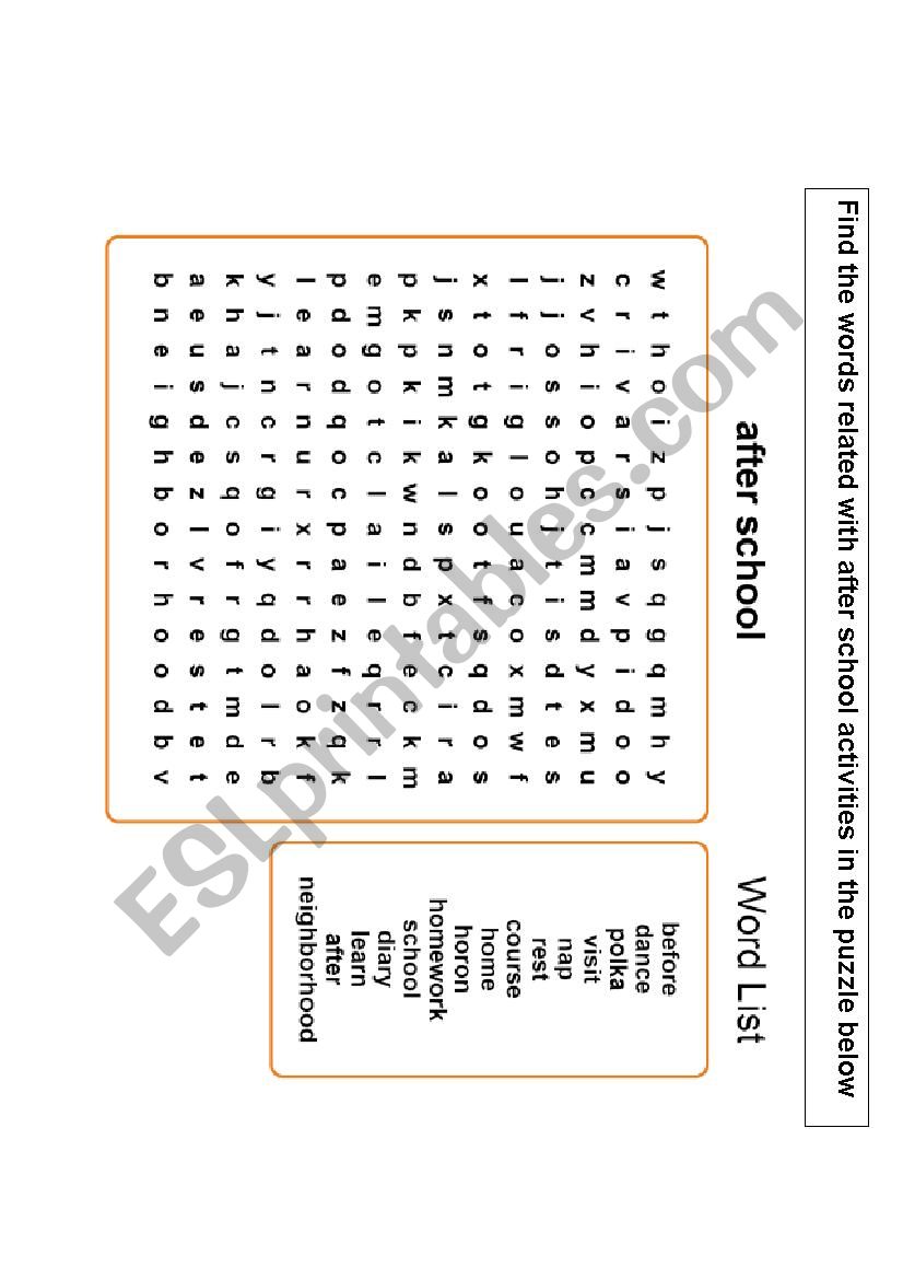 after school word search worksheet