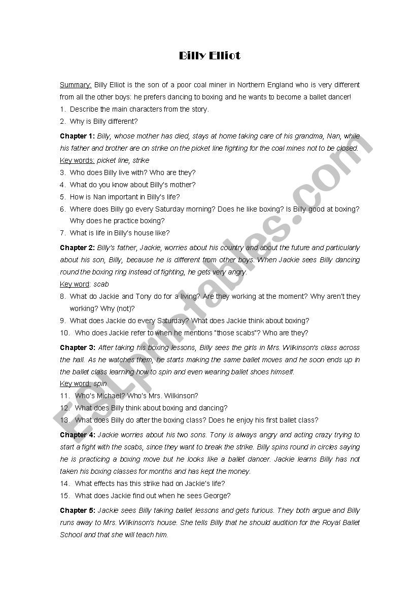 Billy Elliot (Reader) worksheet