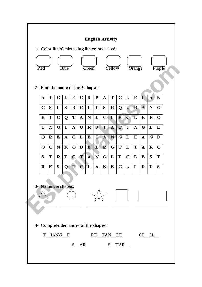 Colors and shapes activity worksheet
