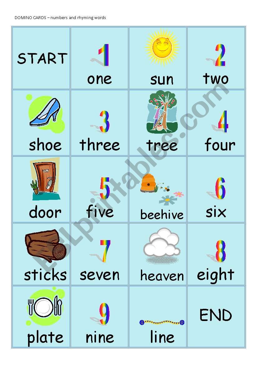 RHYMING DOMINO CARDS - numbers + rhyming word