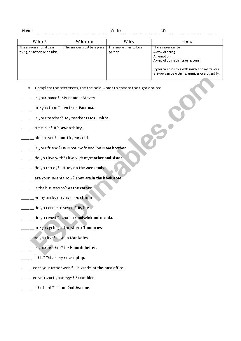 Wh questions worksheet