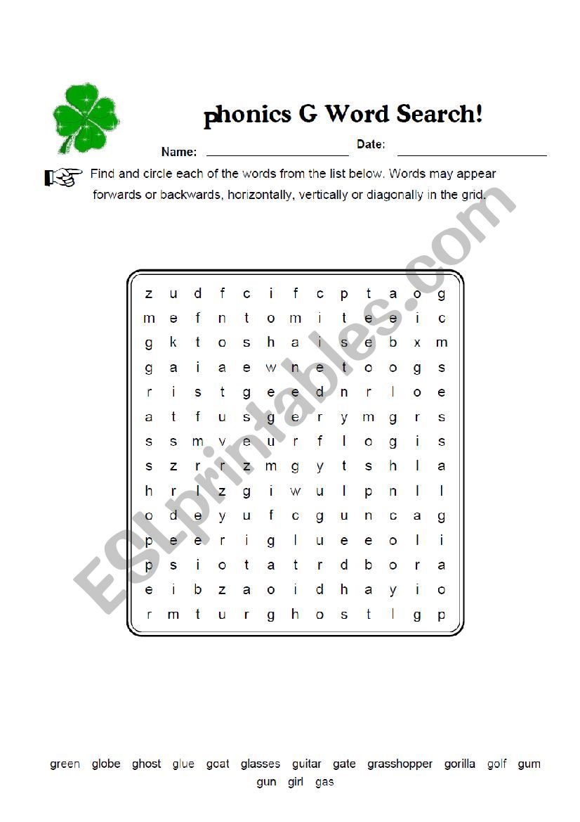 Phonics G Word search worksheet