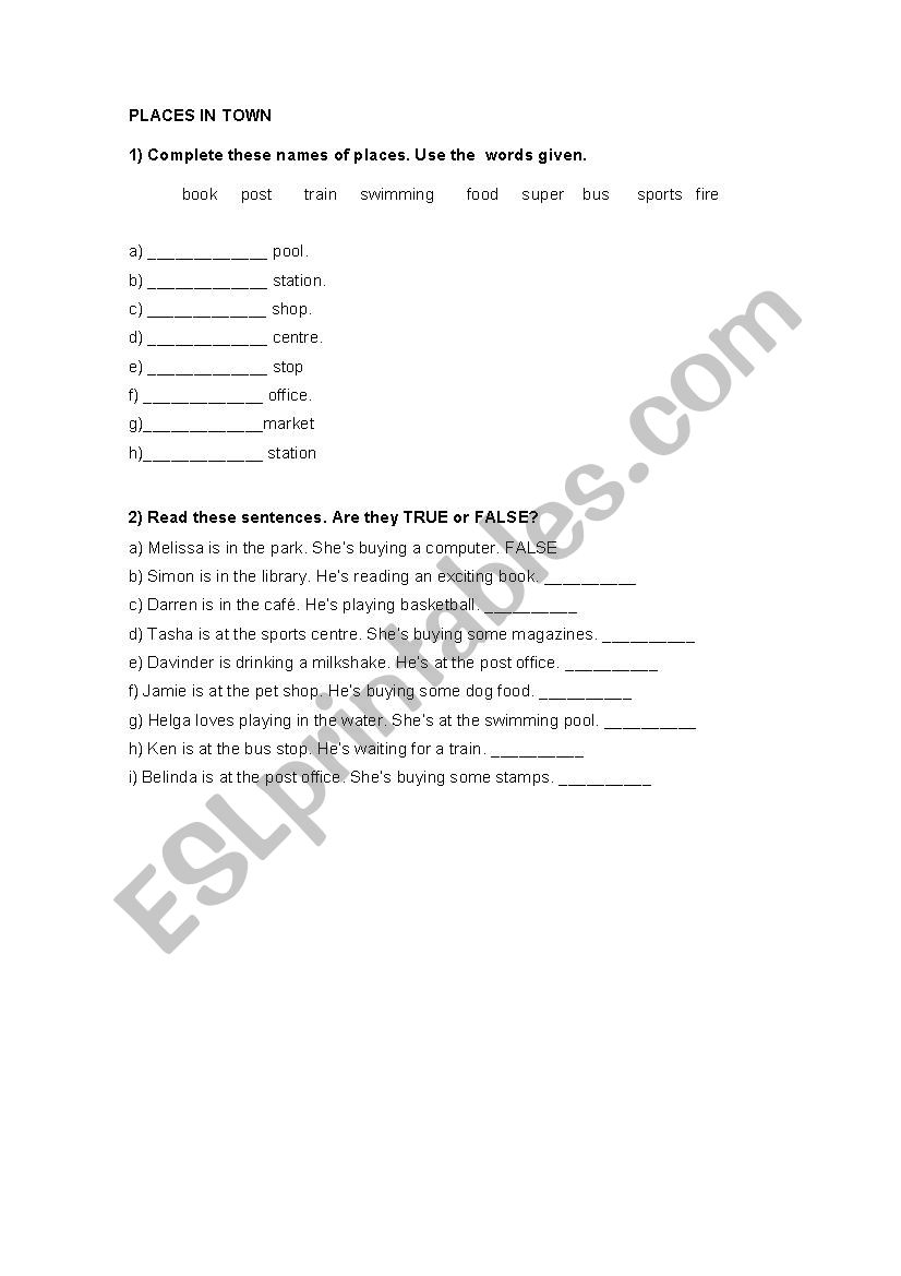 Places is town worksheet