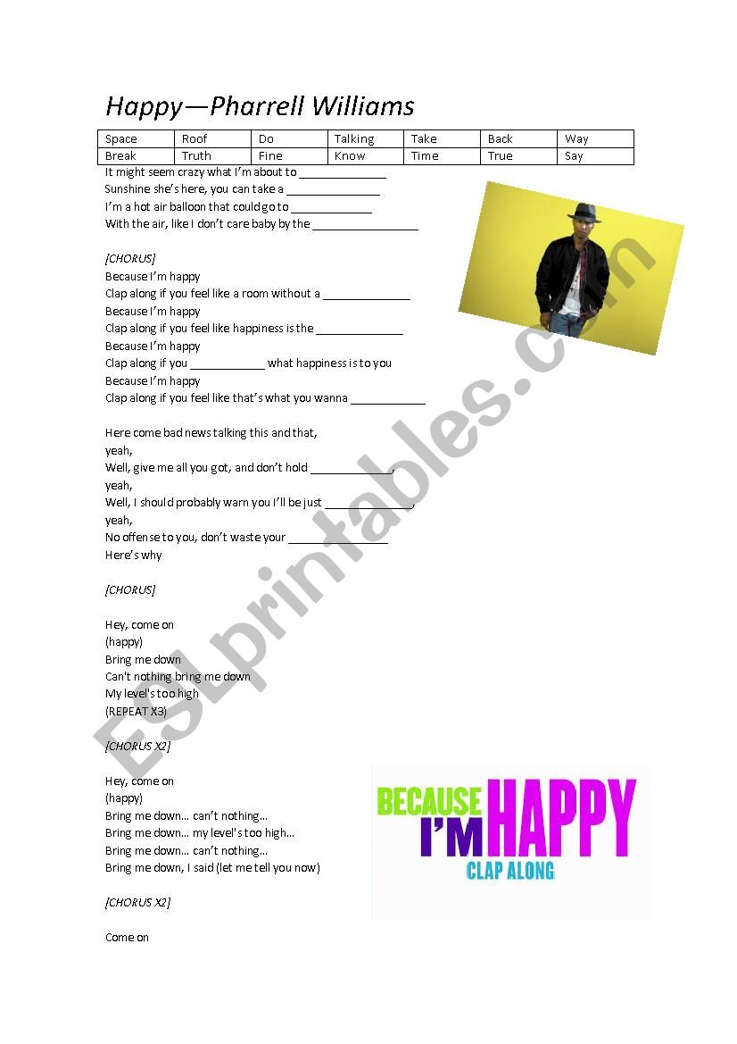 Happy--Pharrel Williams worksheet
