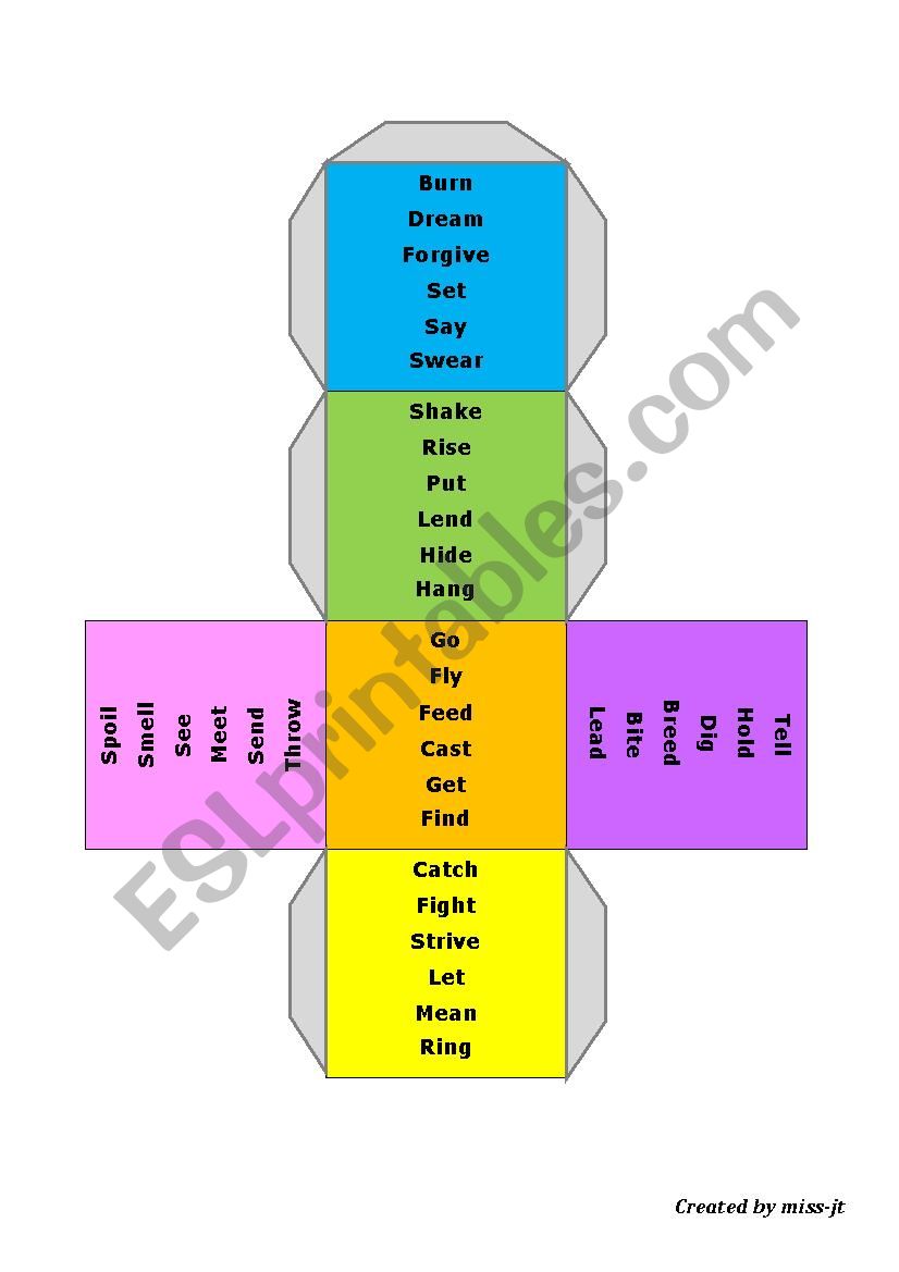 Irregular verbs (dice) worksheet