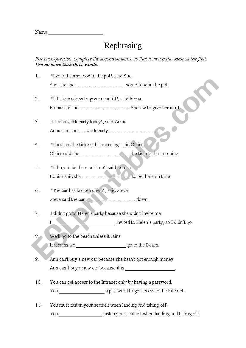 PET Rephraising worksheet