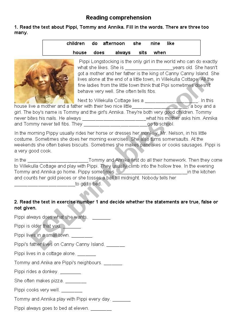Reading comprehension-Pippi worksheet