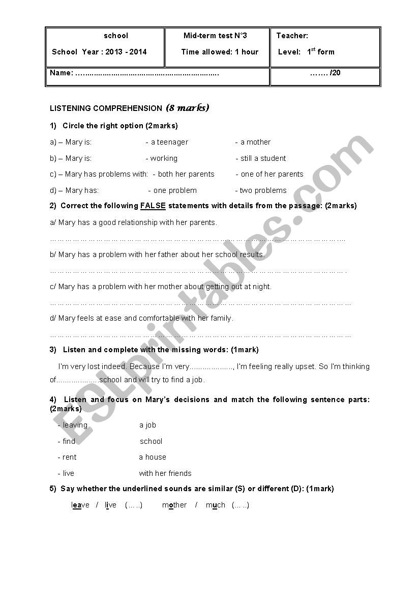 Mid term test 3 for 1st form secondary education