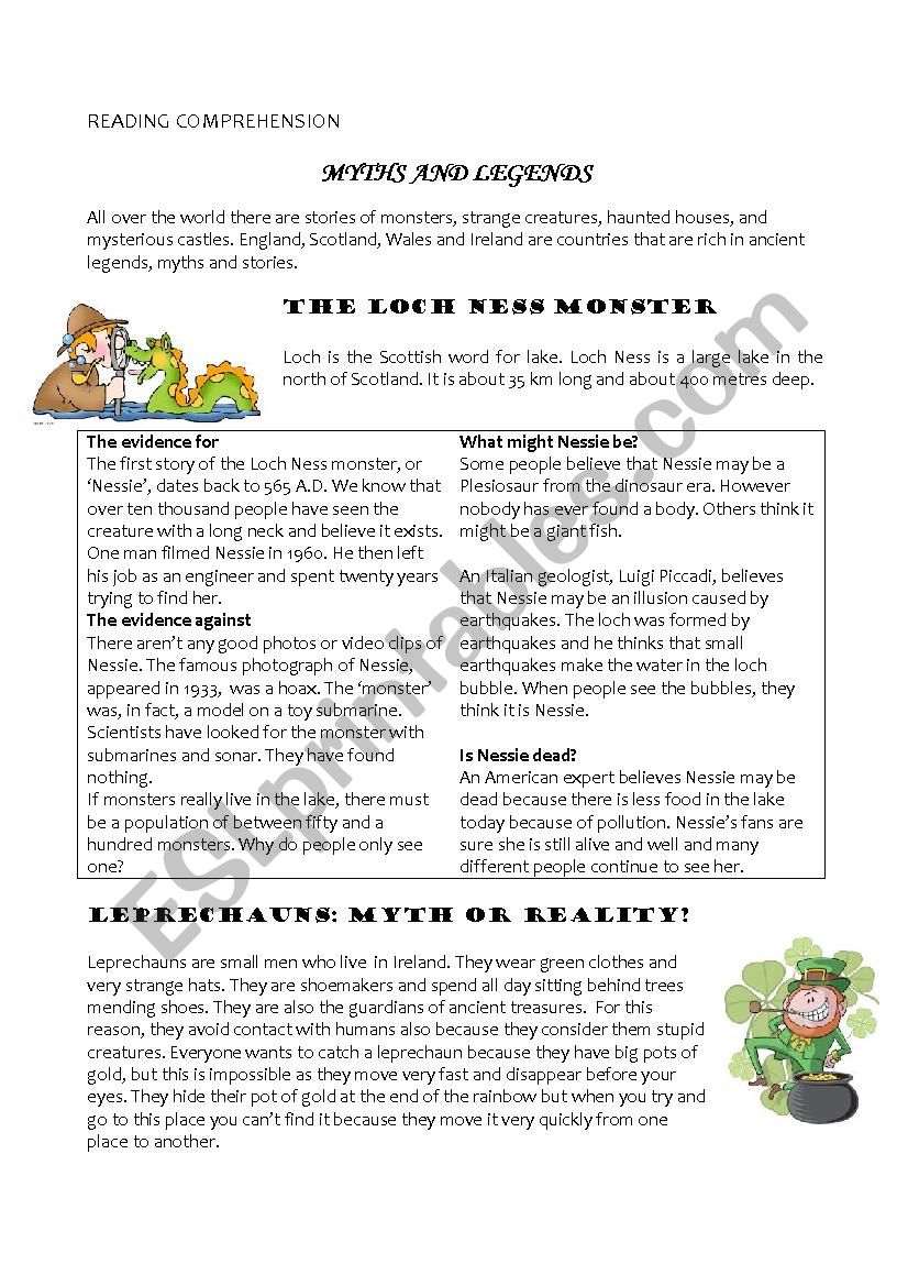 Myths and legends worksheet