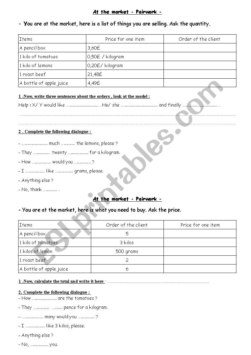 AT THE MARKET worksheet