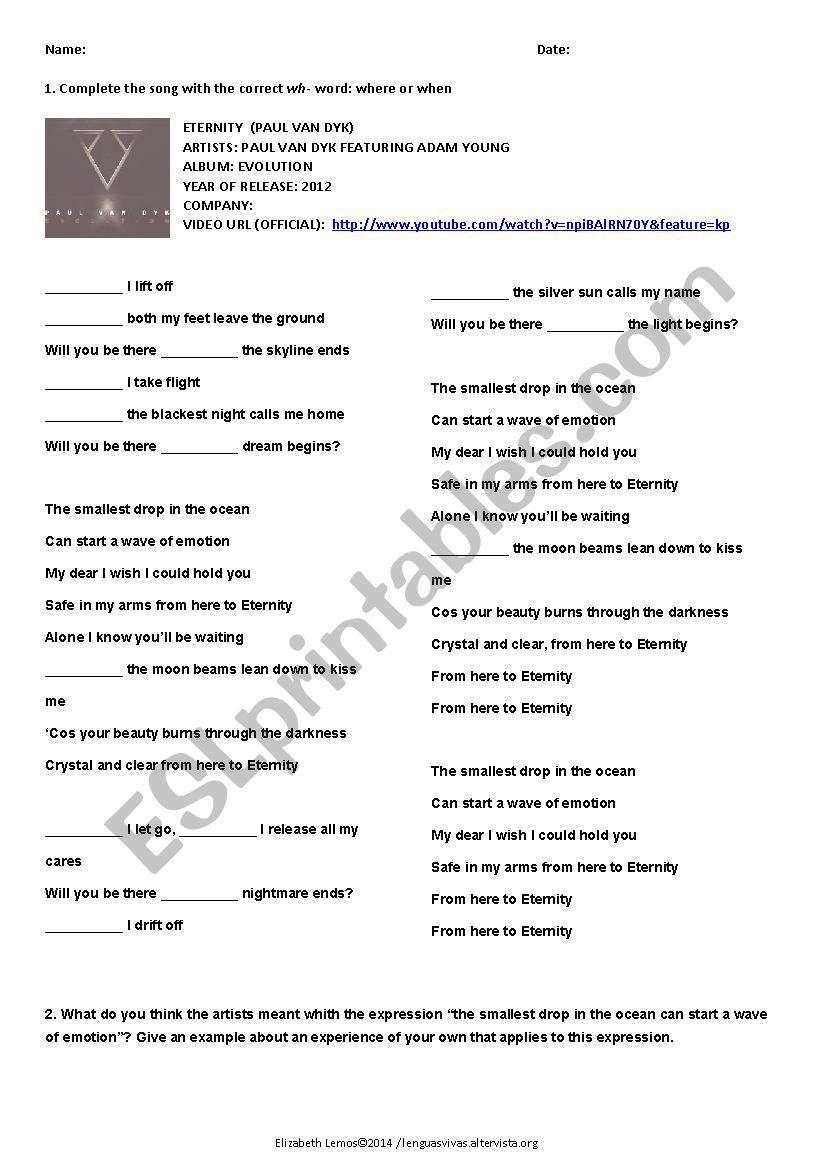 Song & activities: Eternity worksheet