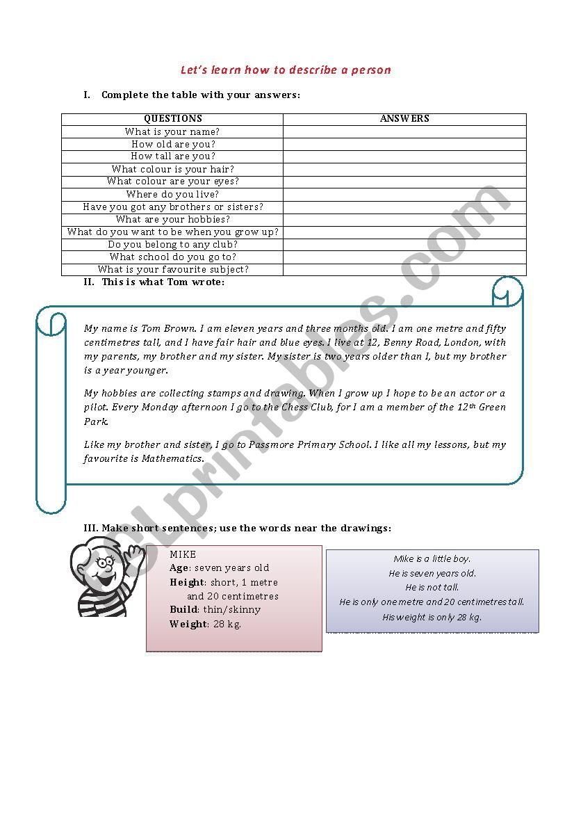 describing people worksheet