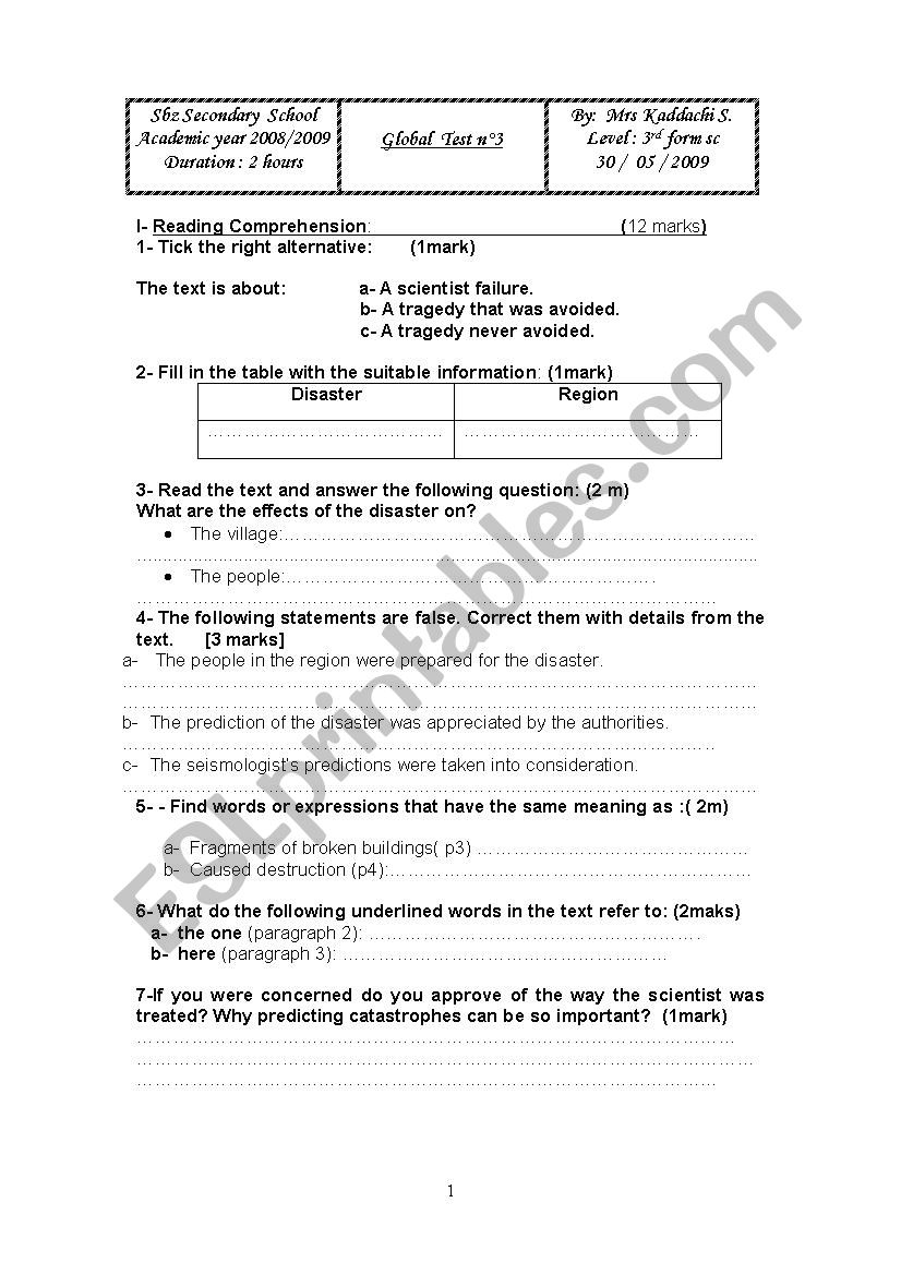 an end-of-term test n 3 for 3rd formers 