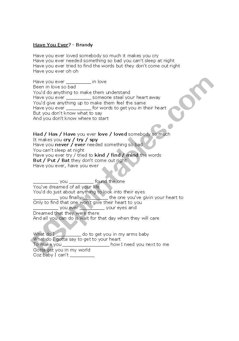 Present Perfect Song worksheet